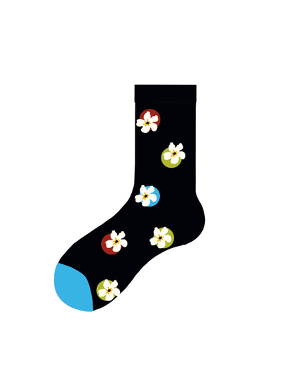 White Flowers black crew sock with blue toe and scattered floral motifs