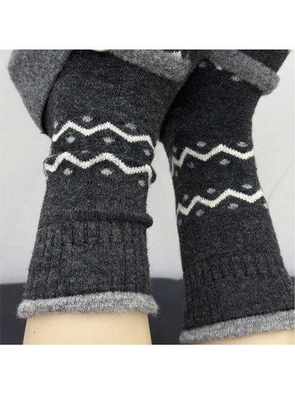 Dark Gray crew socks with ribbed cuffs and contrasting zigzag bands