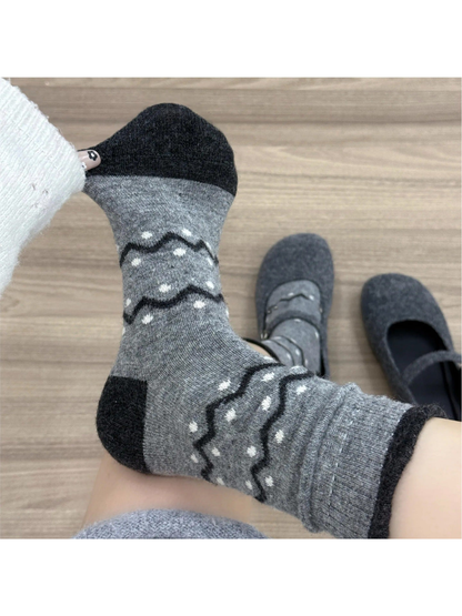 Light Gray crew sock with black zigzag bands and white dot accents