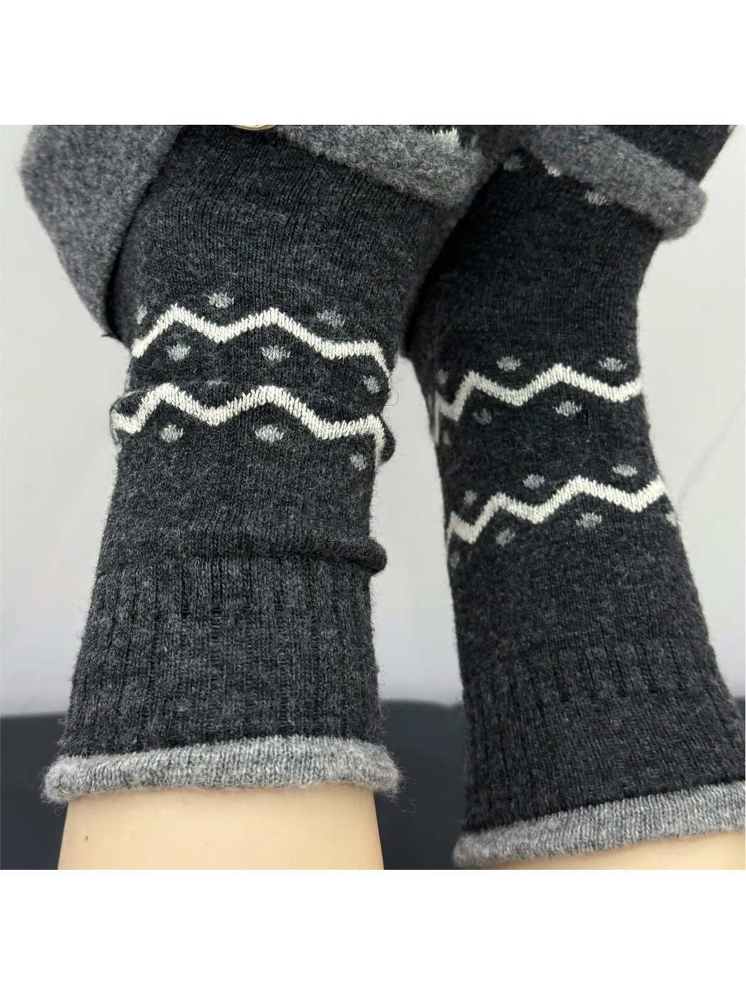 Dark Gray crew socks with white zigzag bands and gray dot accents