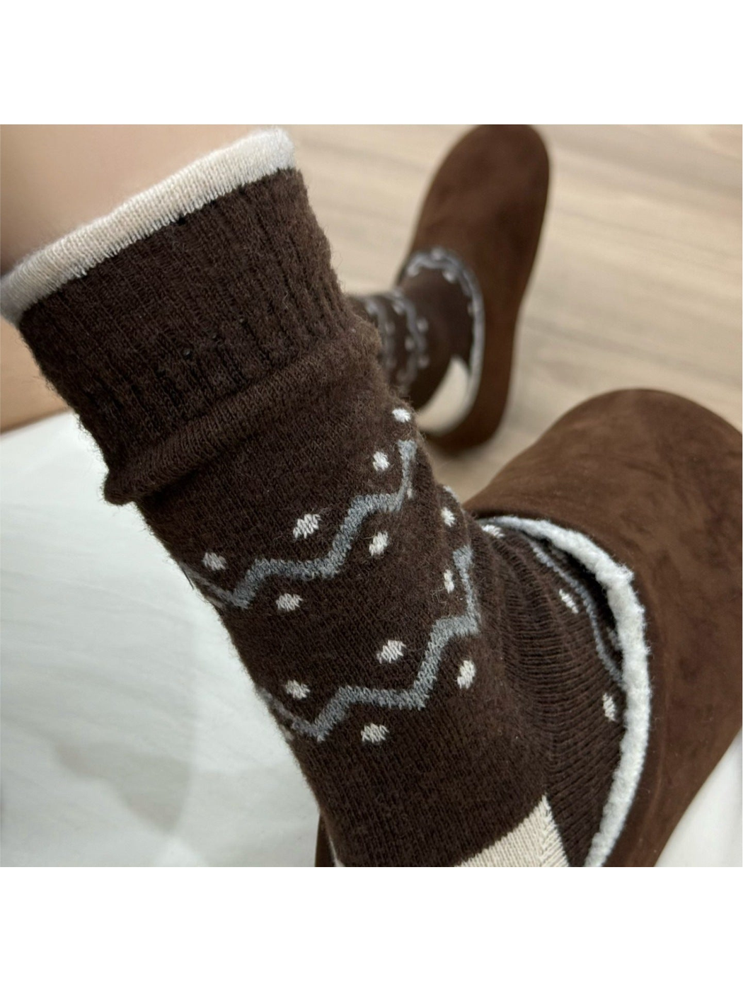 Coffee crew sock with gray zigzag bands and cream dot accents