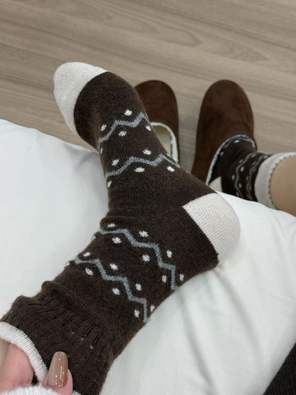 Coffee crew sock close-up showing the contrasting heel and toe panels