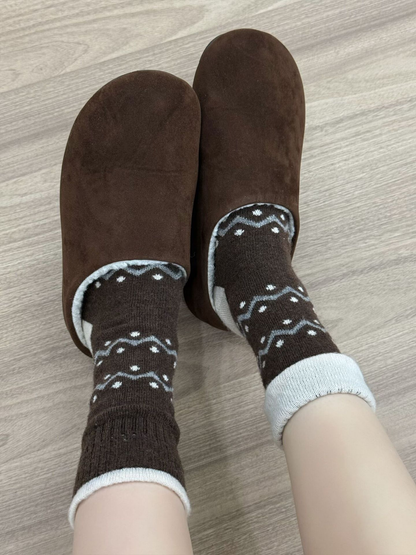 Coffee crew socks worn with brown slippers