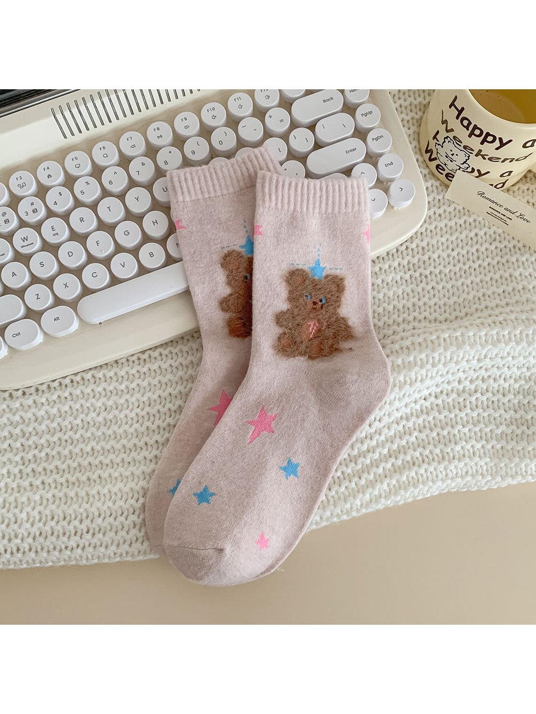 Star Bear light pink crew socks with fuzzy bear motifs and colorful stars