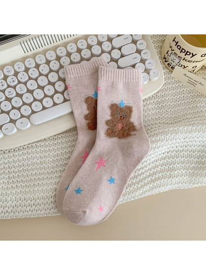 Star Bear light pink crew socks with fuzzy bear motifs and colorful stars