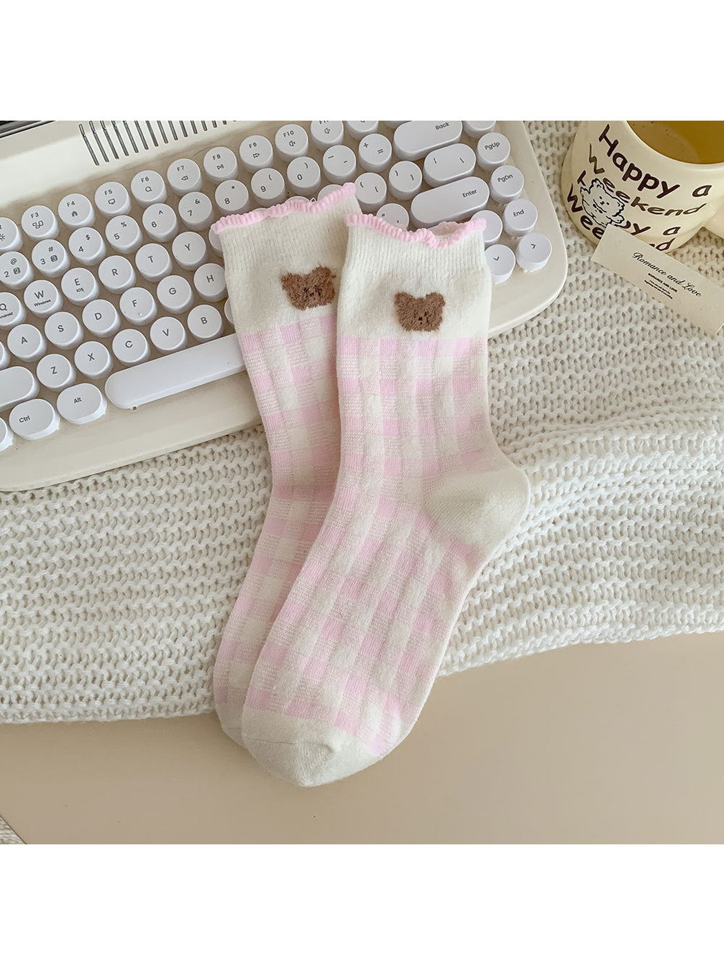 Check Bear ivory crew socks with pink checks, bear faces and ruffled cuffs