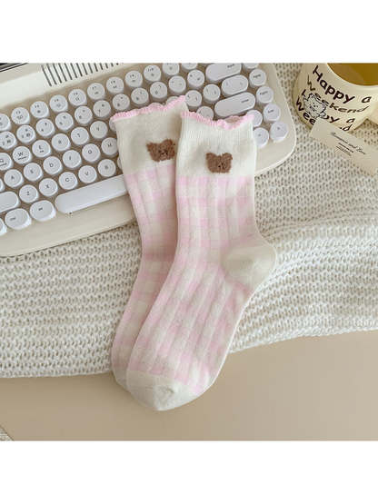 Check Bear ivory crew socks with pink checks, bear faces and ruffled cuffs