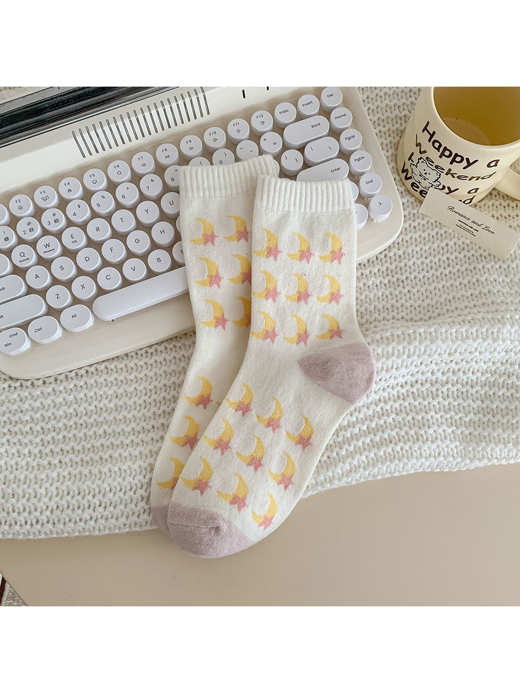 Moon Stars ivory crew socks with repeating yellow crescents and pink stars