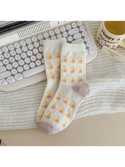 Moon Stars ivory crew socks with repeating yellow crescents and pink stars