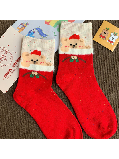 Bear crew socks in red and cream with fuzzy white trim
