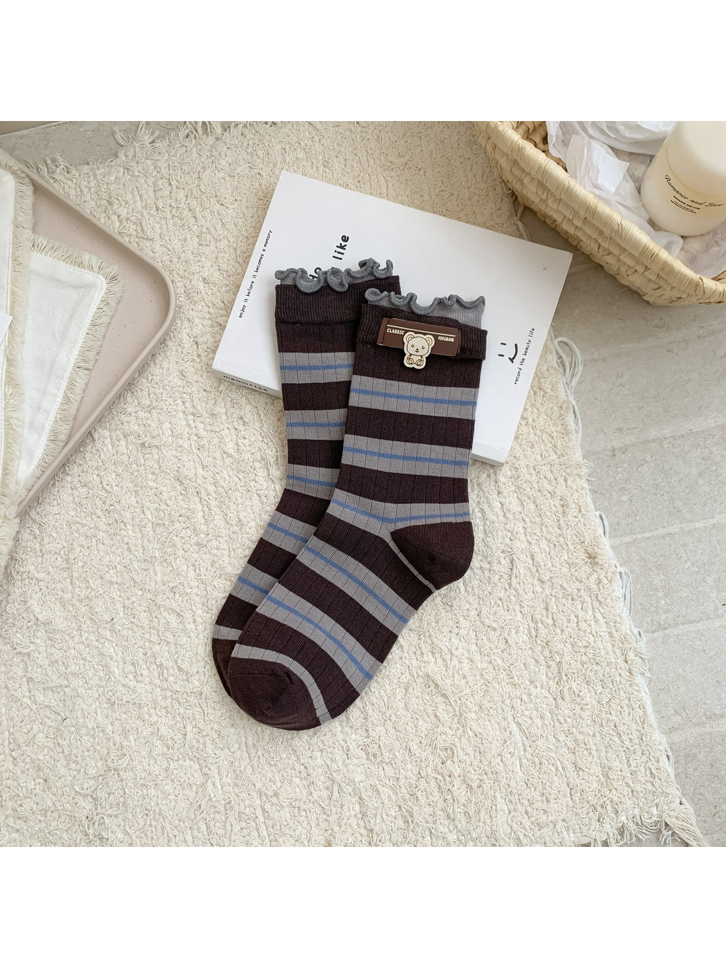 Gray Blue striped crew socks with ruffled cuffs and bear accent