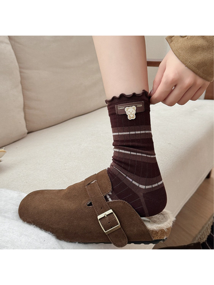 Coffee striped crew sock with ruffled cuff and bear accent