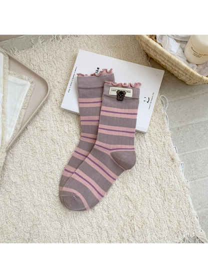 Dusty Pink striped crew socks with ruffled cuffs and bear accent