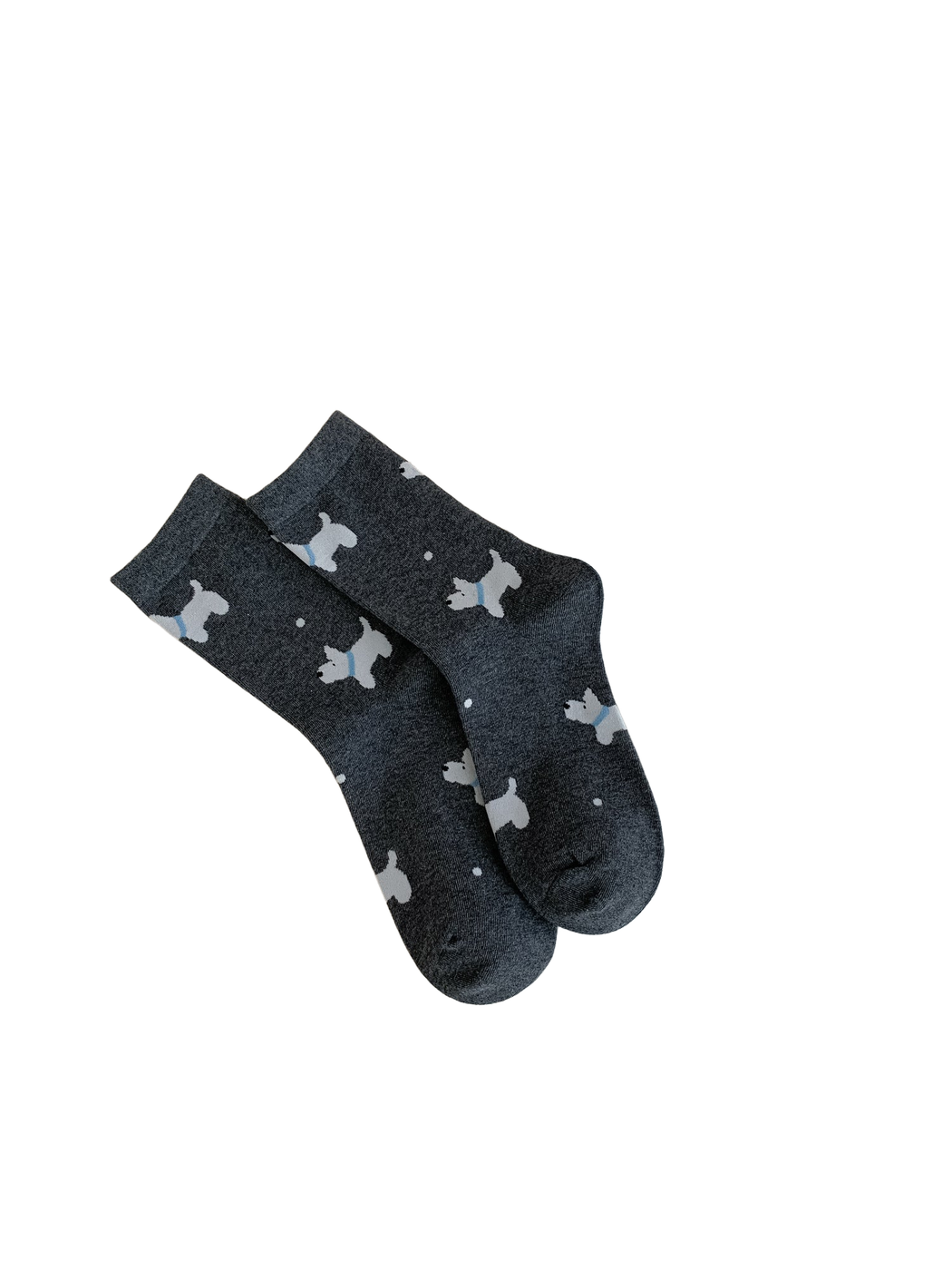Allover Dog dark gray crew socks with white dog motifs and light blue collars