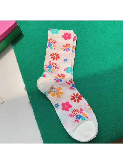 Mixed Floral crew socks with colorful flower motifs