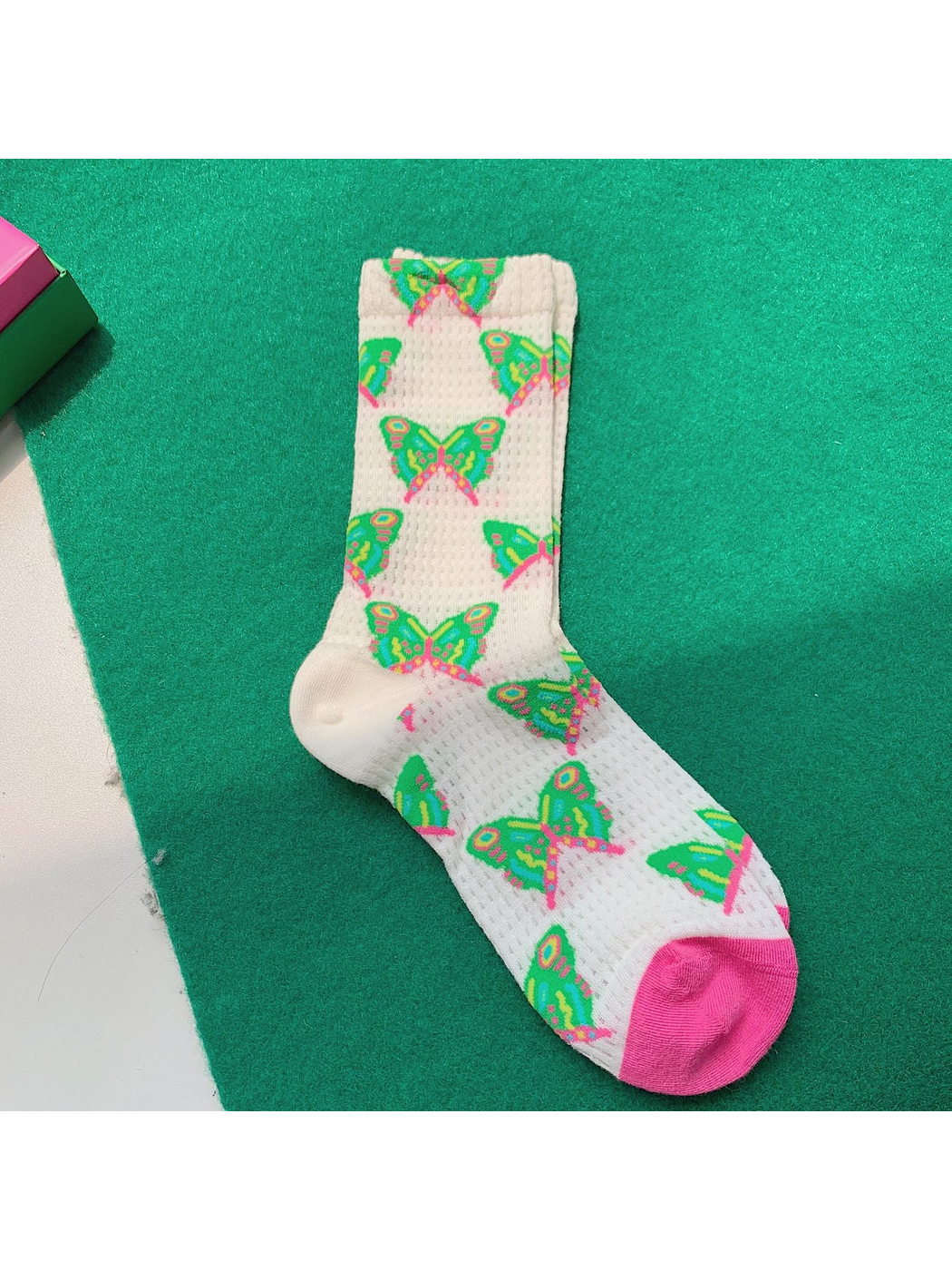 Butterflies crew socks with green and pink butterfly motifs