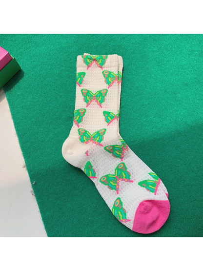 Butterflies crew socks with green and pink butterfly motifs