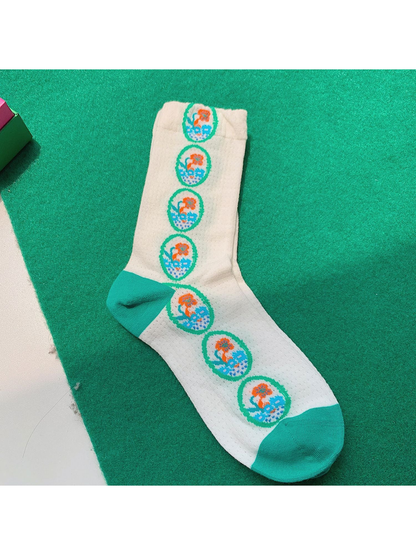Floral Medallions crew socks with teal trim