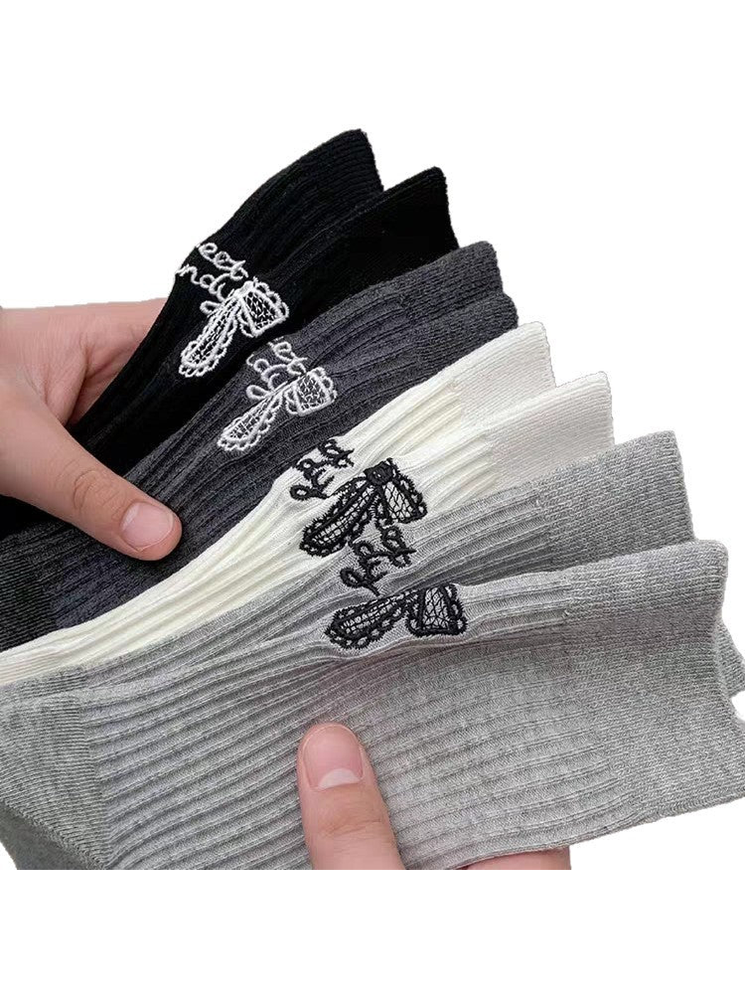 Black, gray and White ribbed socks with bow and script embroidery