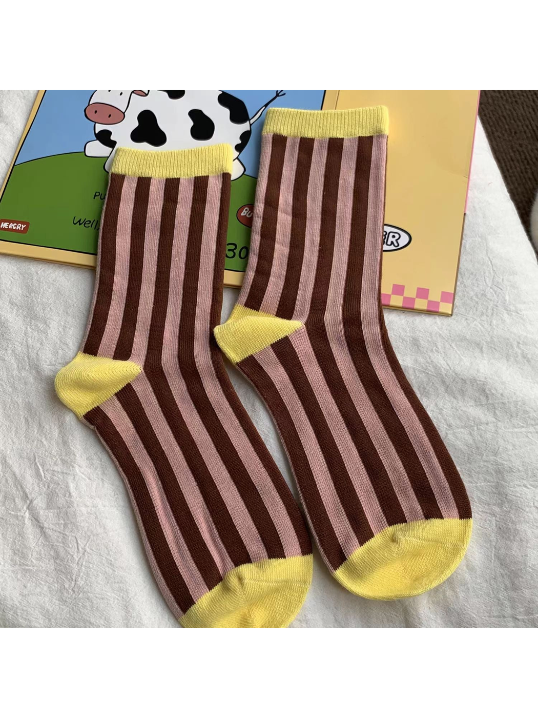 Vertical Stripes crew socks in brown and pink with yellow trim