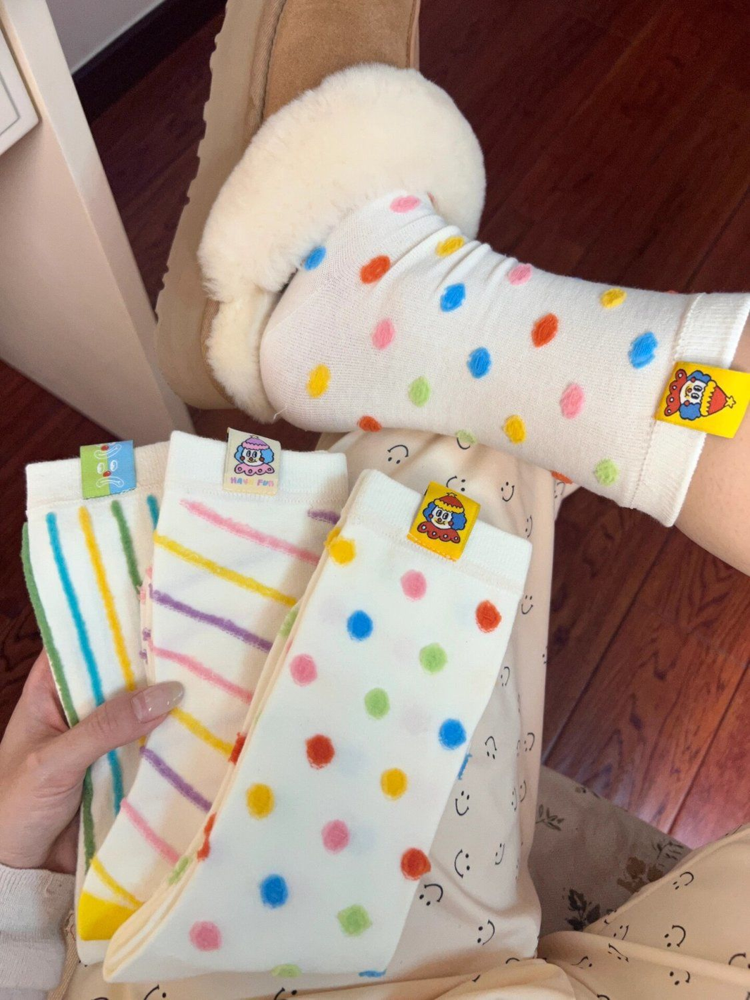 Ivory socks in Polka Dot, Diagonal Stripe, and Vertical Stripe styles