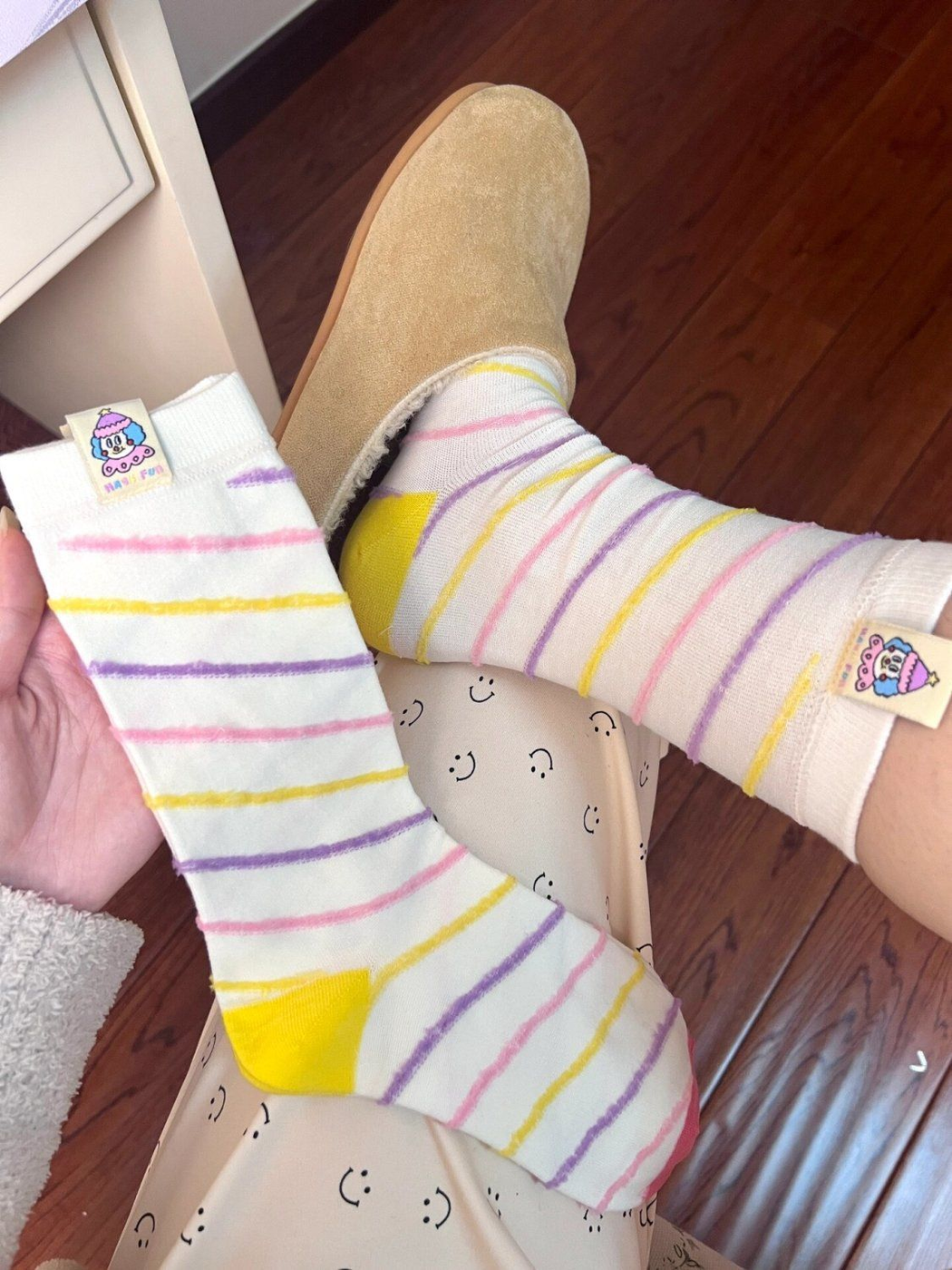Diagonal Stripe ivory socks with pink, purple, and yellow lines