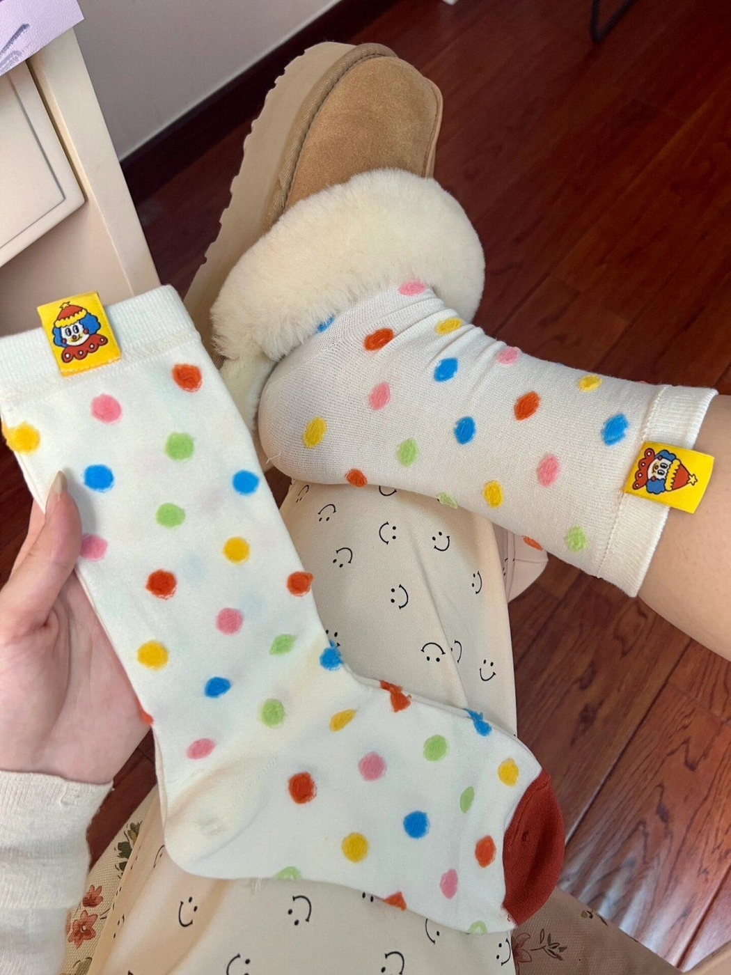 Polka Dot ivory socks with colorful fuzzy dots