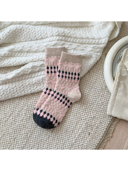 Fair Isle crew socks with pink and charcoal diamond pattern
