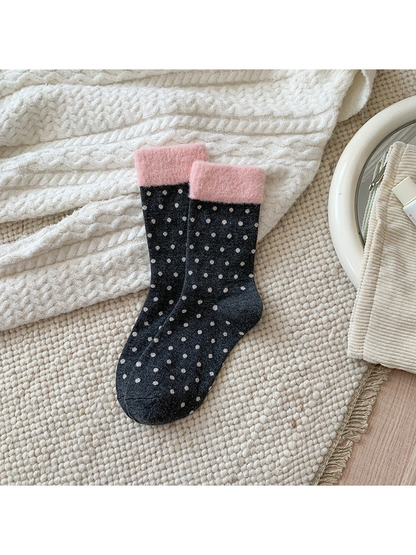 Polka Dot crew socks with pink fuzzy cuffs