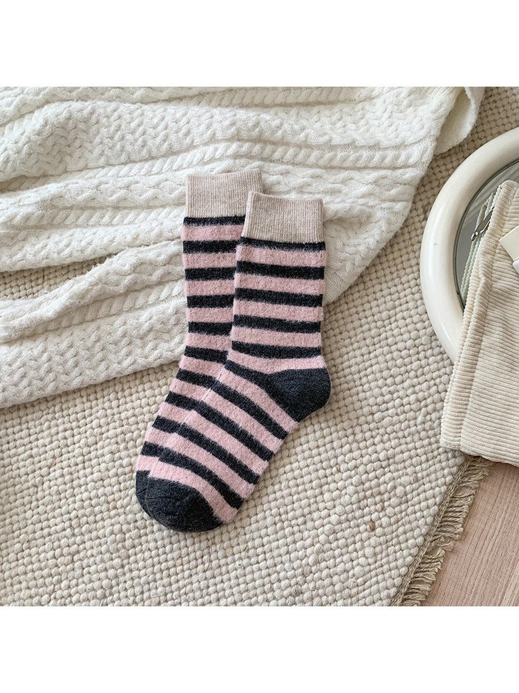Horizontal Stripe crew socks in pink, charcoal and beige