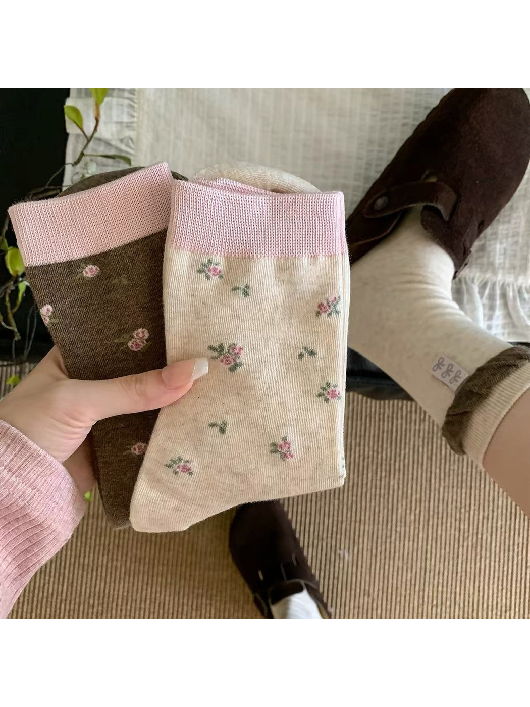 Cream and brown floral socks styled with brown shoes