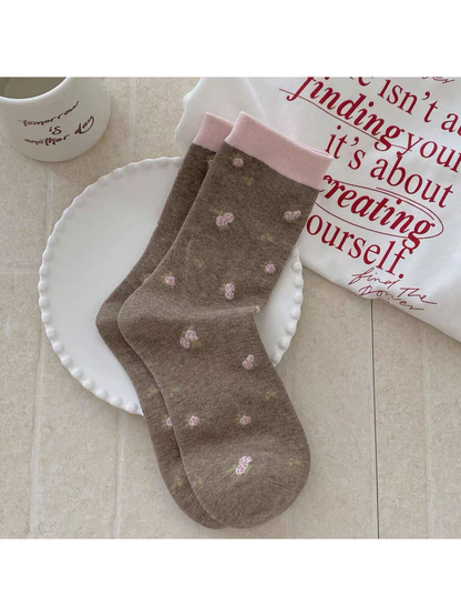 Brown Floral socks with pink flowers and light pink cuffs