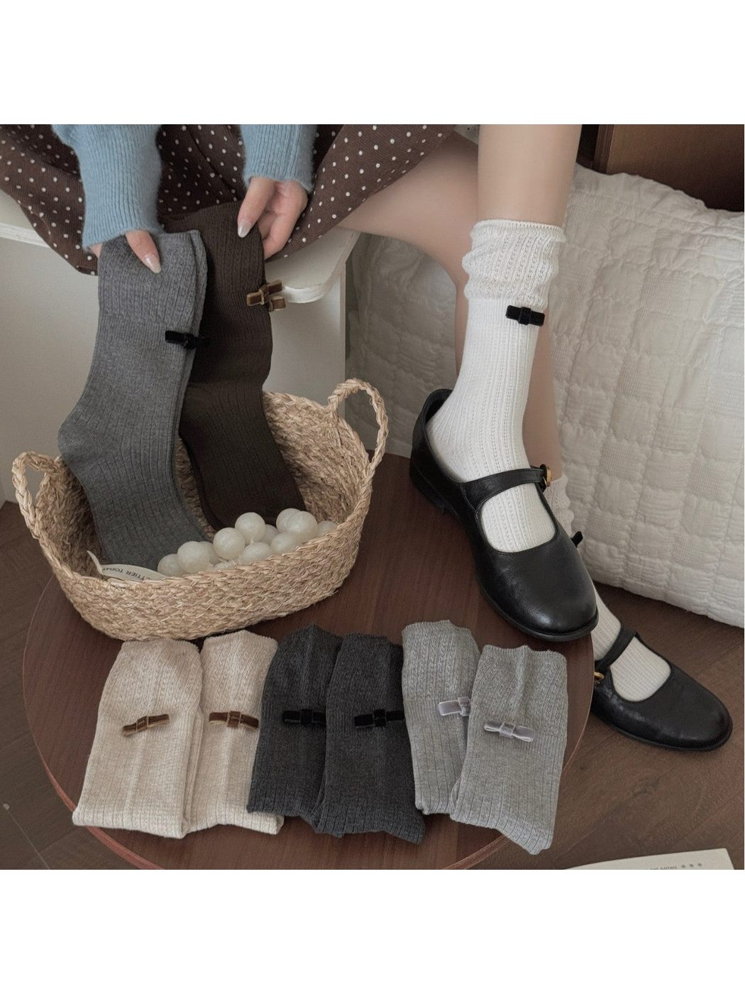 Bow-accent ribbed crew socks displayed in six neutral colors