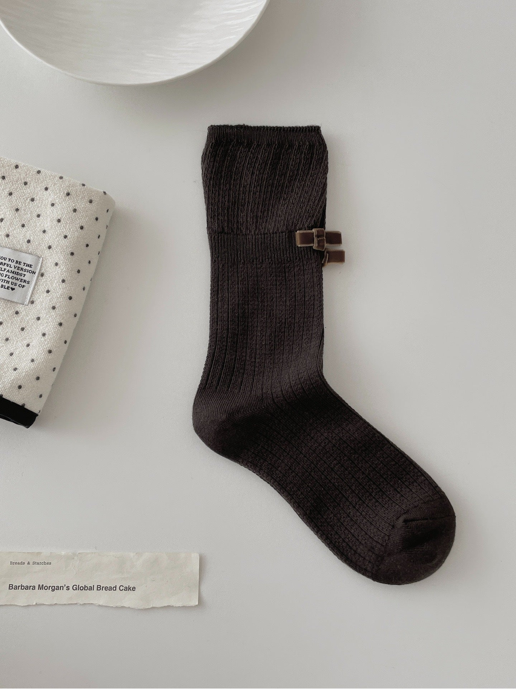 Dark Coffee ribbed crew sock with openwork cuff and bow accent