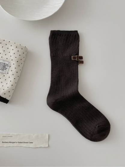 Dark Coffee ribbed crew sock with openwork cuff and bow accent