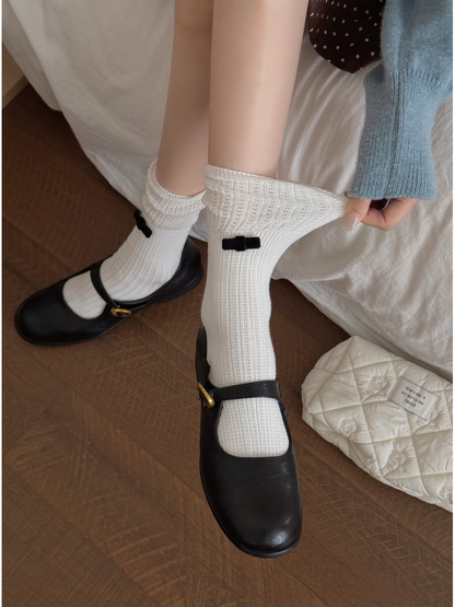 Close-up of the white ribbed socks and stretched openwork cuffs