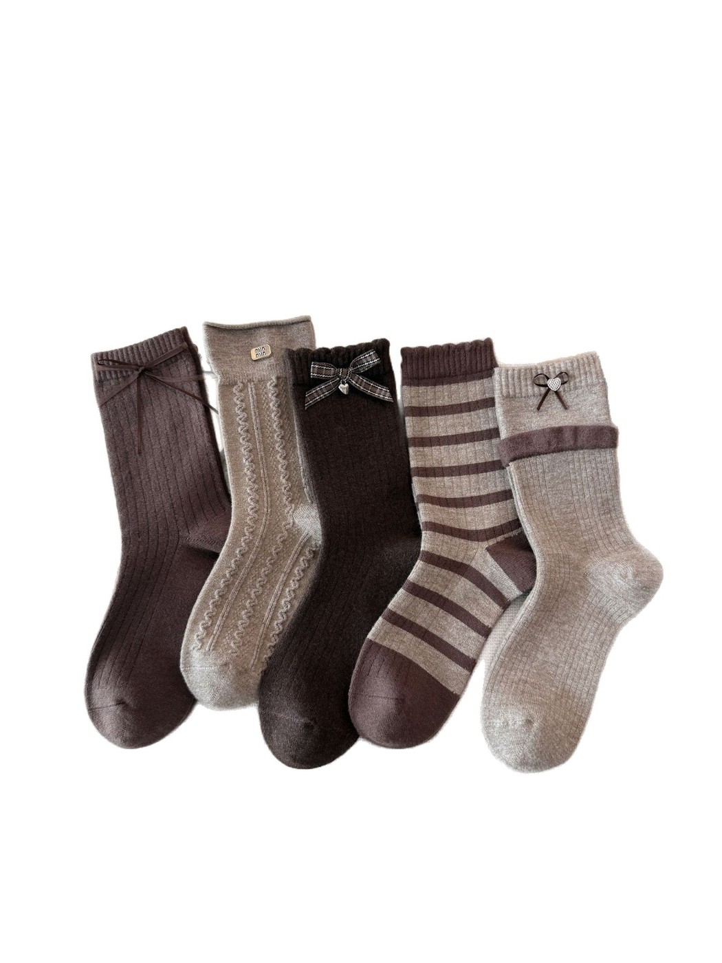 Five neutral-toned crew sock styles on a white background