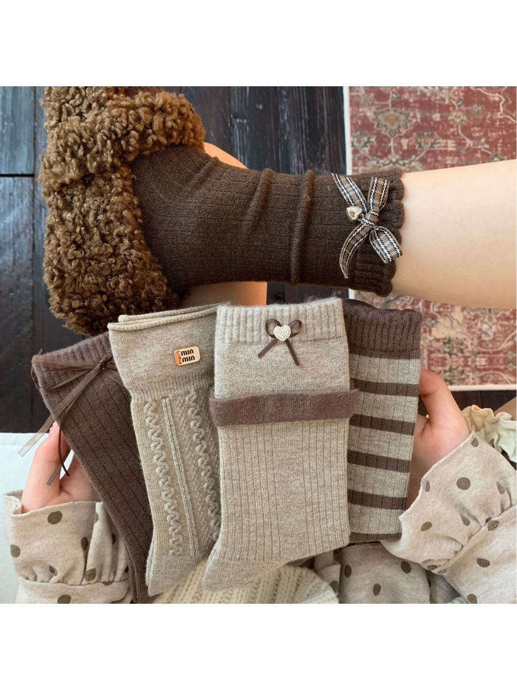 Five neutral-toned crew sock styles displayed together