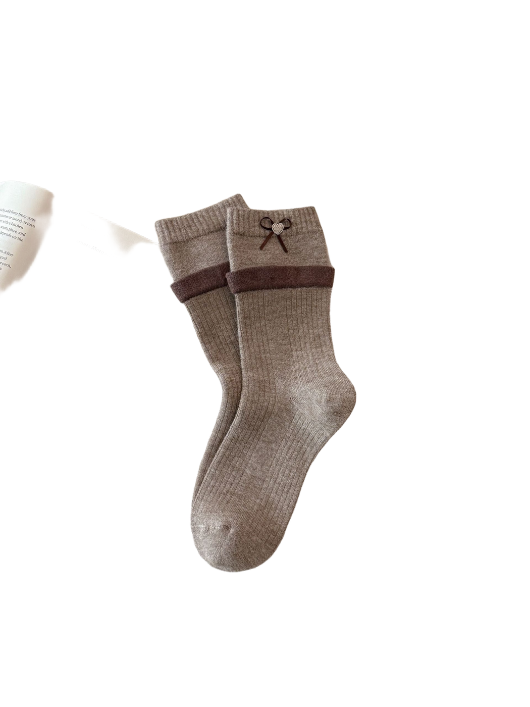 Heart style greige crew socks with a contrast fold-over cuff