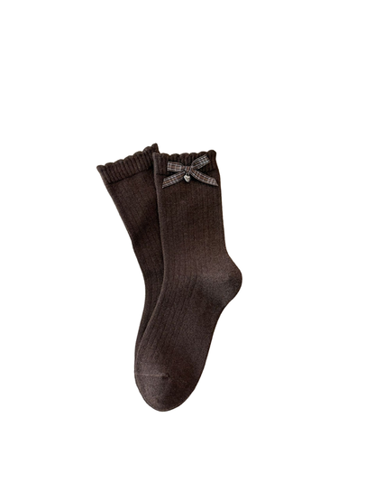 Plaid style dark brown crew socks with a bow and scalloped cuff