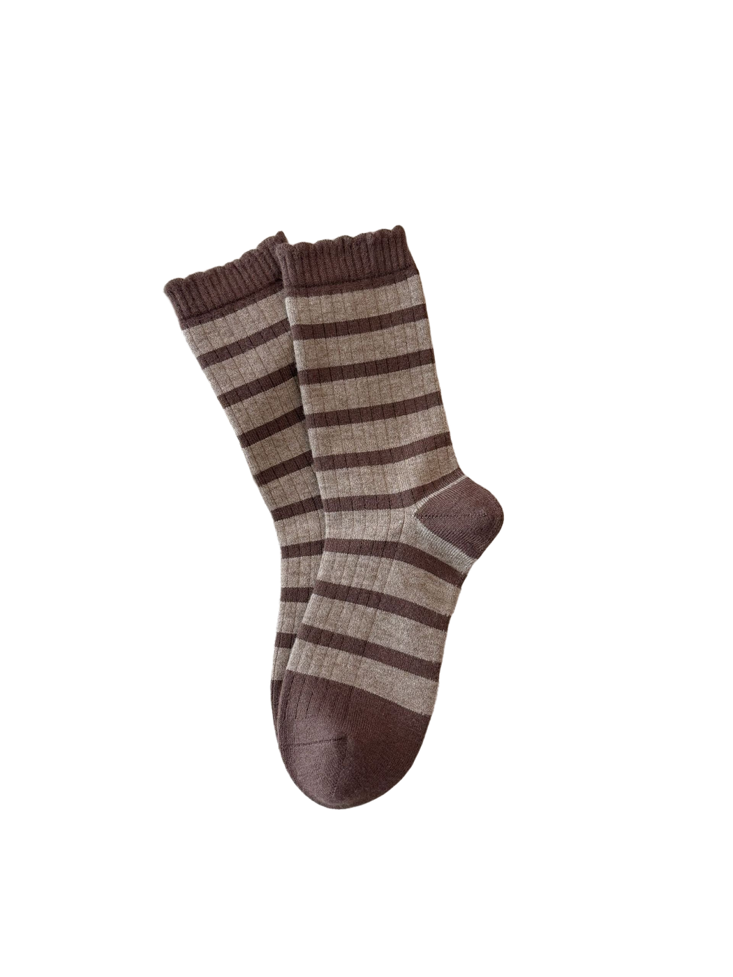 Striped style crew socks in greige and dark brown