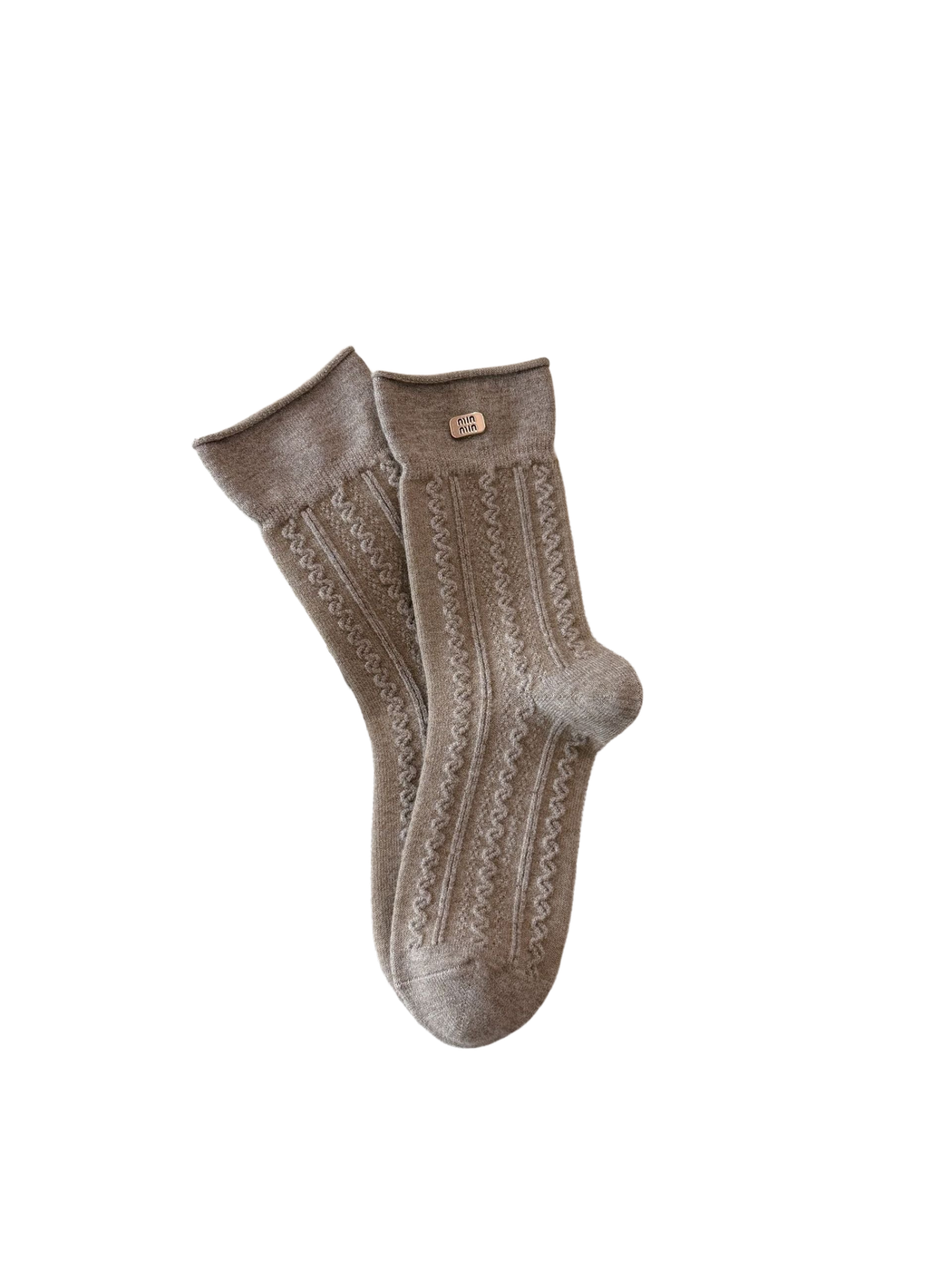 Cable style greige crew socks with rolled edges