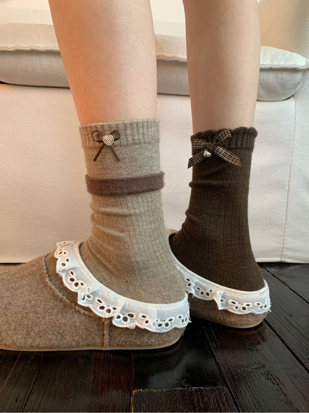 Heart and Plaid crew sock styles worn with lace-trimmed slippers