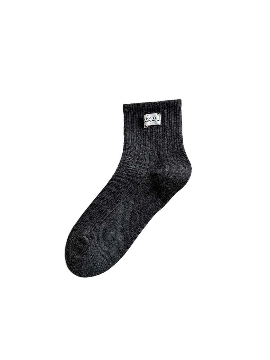 Dark Gray ribbed crew sock with small lettered label, isolated view