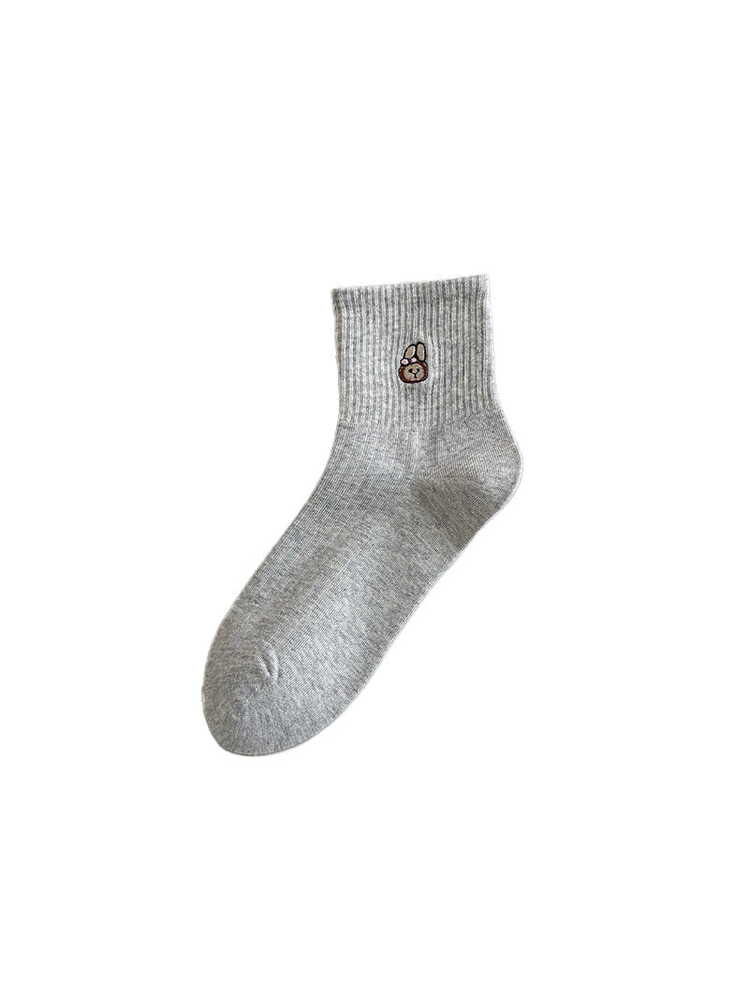 Light Gray ribbed crew sock with rabbit face embroidery, isolated view