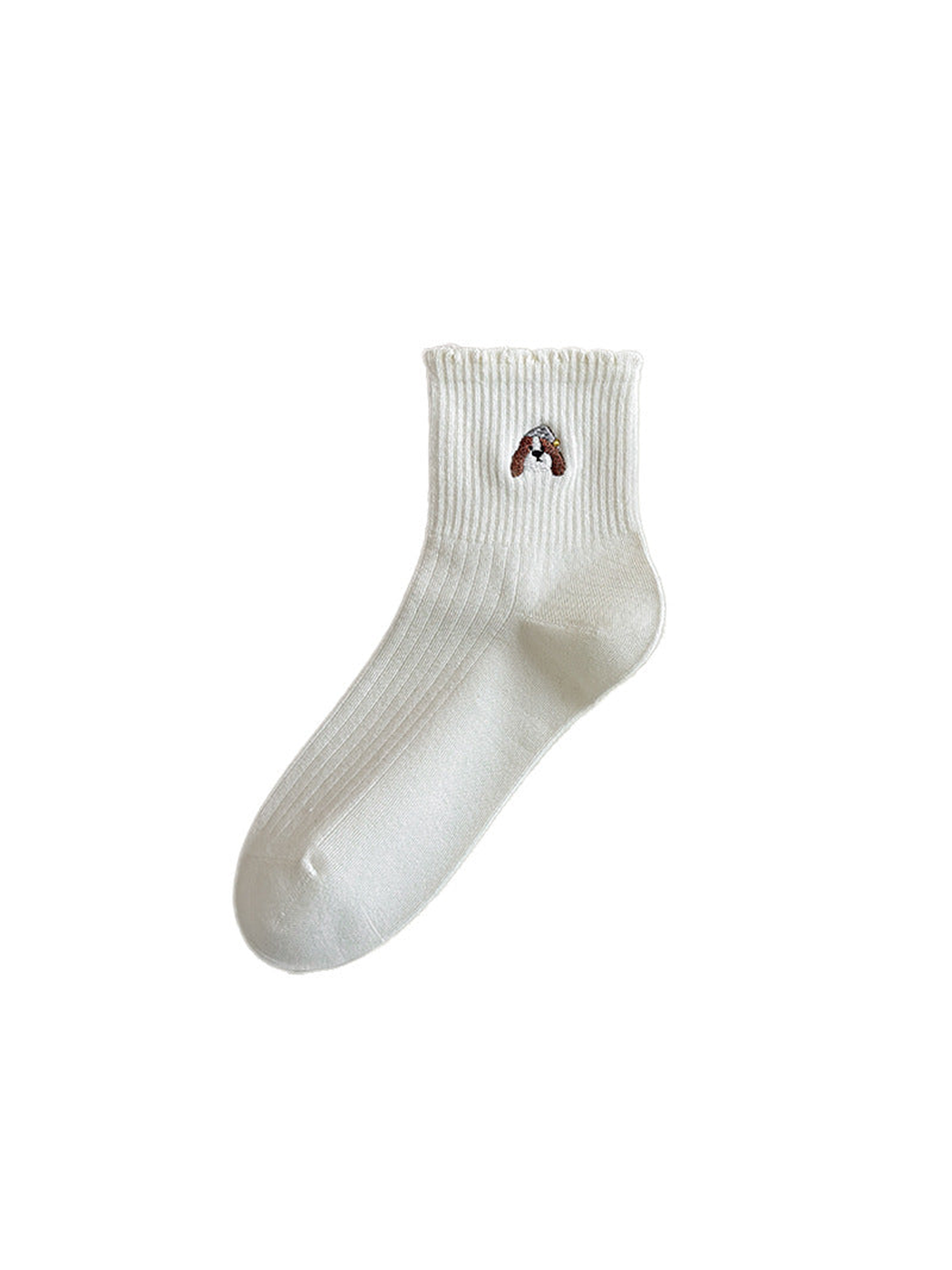 Ivory ribbed crew sock with brown-and-white dog face embroidery, isolated view