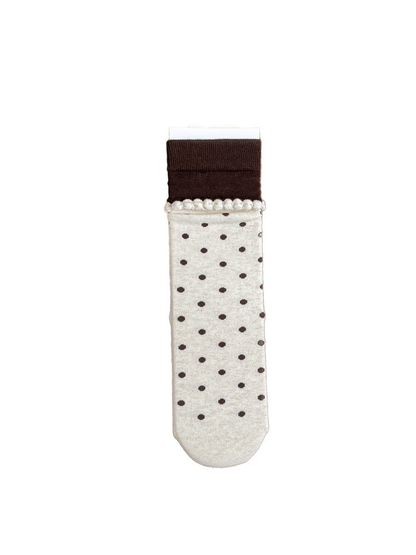 Ivory Polka Dot crew sock with dark brown cuff, full front view