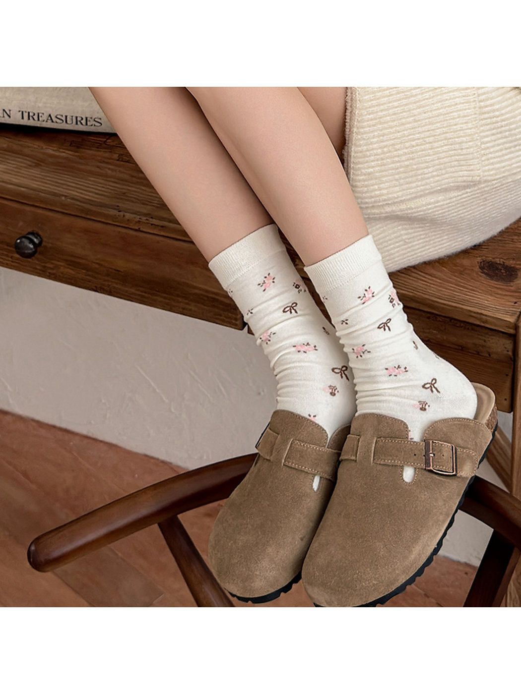 Ivory Small Floral crew socks worn with brown buckle clogs