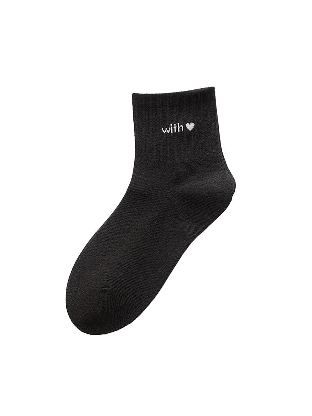 Black crew sock with ribbed cuff, lettering and heart motif