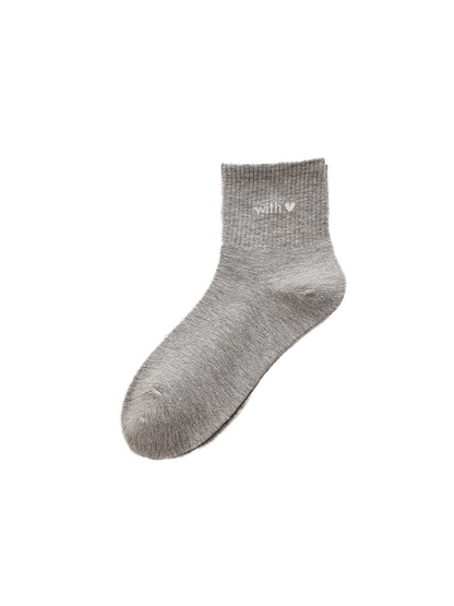 Heather Gray crew sock with ribbed cuff, lettering and heart motif